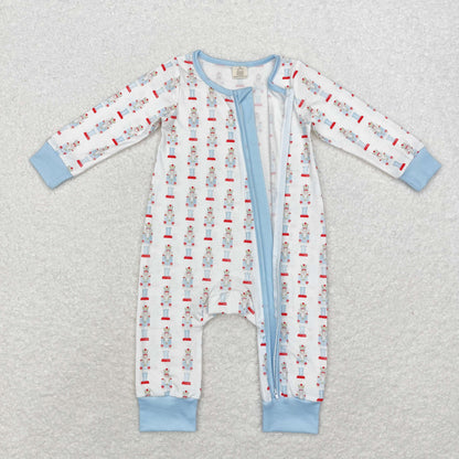 LR1184 Bamboo Christmas cartoon blue and white zip-up long-sleeved onesie