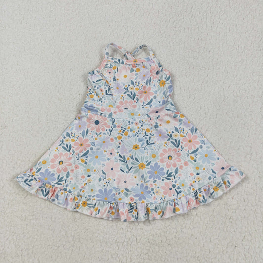 GSD2281 Baby Girls Aqua Strap Floral Yoga Ruffle Knee Length Dress 5.13