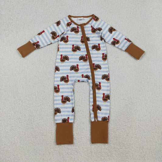 LR1191 Baby Infant Boys Thanksgiving Turkey Stripe Zipper Footie Romper C10.14