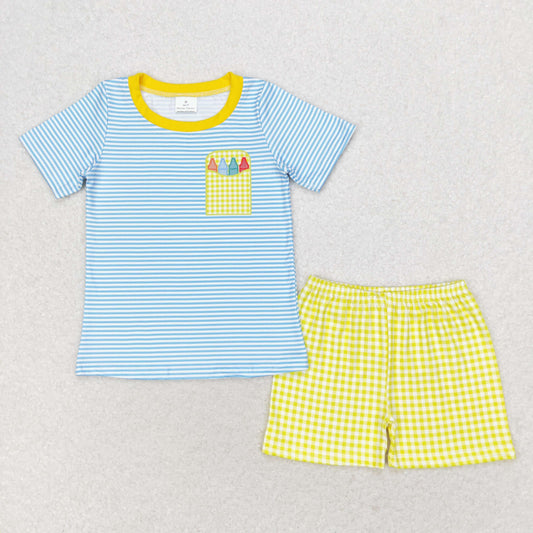 BSSO0983 Back To School Pastel blue striped short-sleeved yellow plaid shorts suit