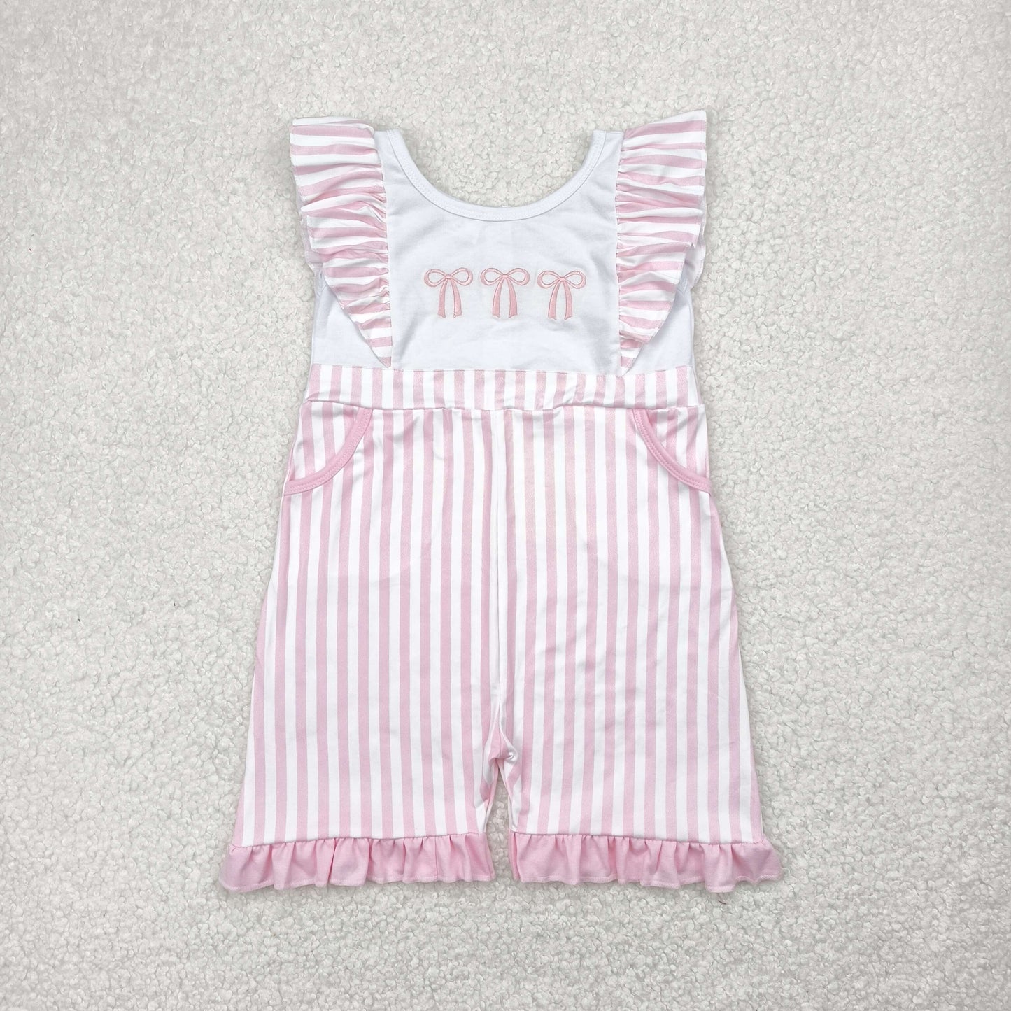 SR3025 Baby Girls Flutter Sleeves Pink Bows Pockets Jumpsuit 4.29