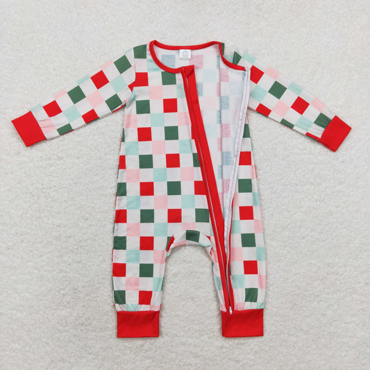 LR1197 Bamboo Christmas colorful plaid zipper long sleeve onesie