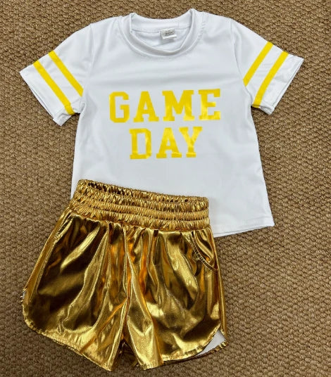 GT1115+SS0417 Baby Girls Vinyl Yellow Game Day Top Leather Shorts Team Active Set C8.23