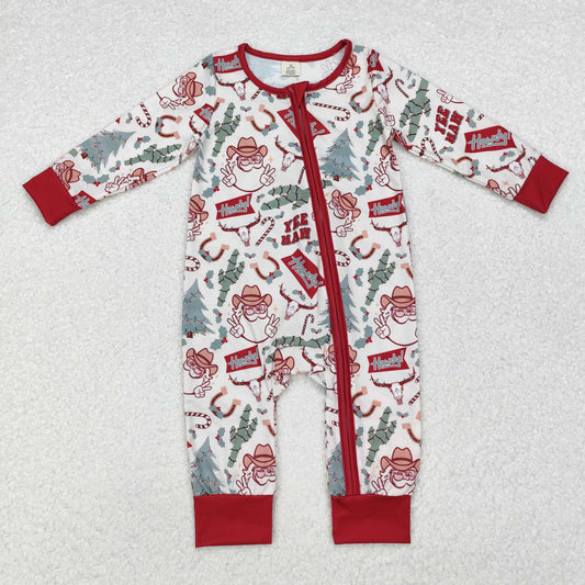 LR1278 Baby Infant Boys Christmas Western Cactus Santa Bamboo Zip Romper