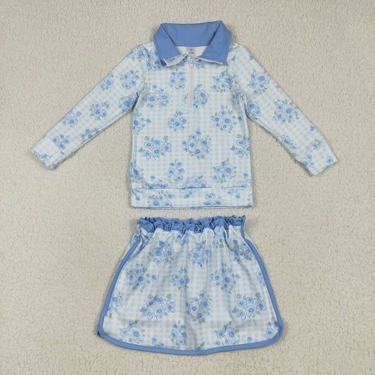 GLD1097 Baby Girls Long Sleeves Blue Flowers Plaid Zipper Top Skorts Yoga Set 7.8