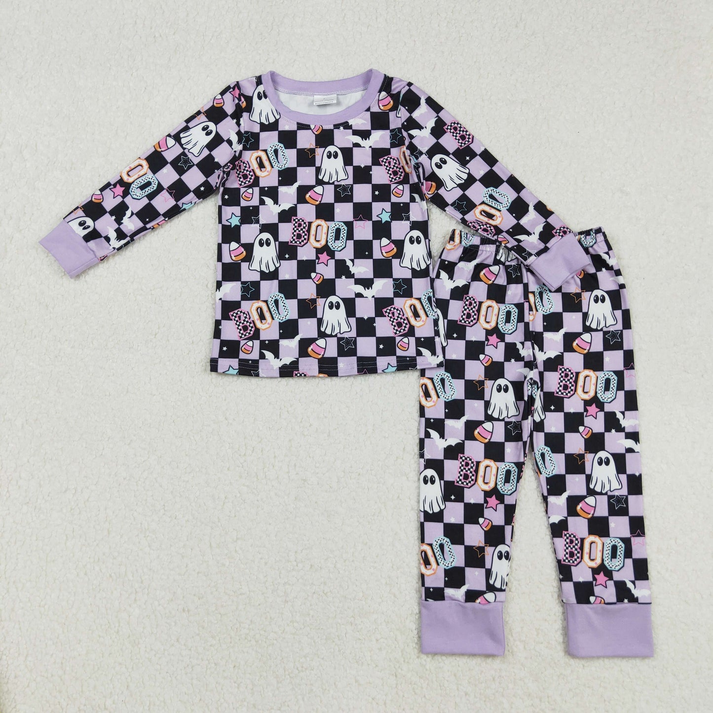 GLP2684 Baby Girls Black Plaid Ghosts Candy Top Pants Halloween Pajamas Set C9.8