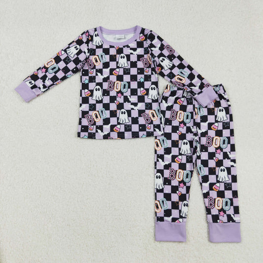 GLP2684 Baby Girls Black Plaid Ghosts Candy Top Pants Halloween Pajamas Set C9.8
