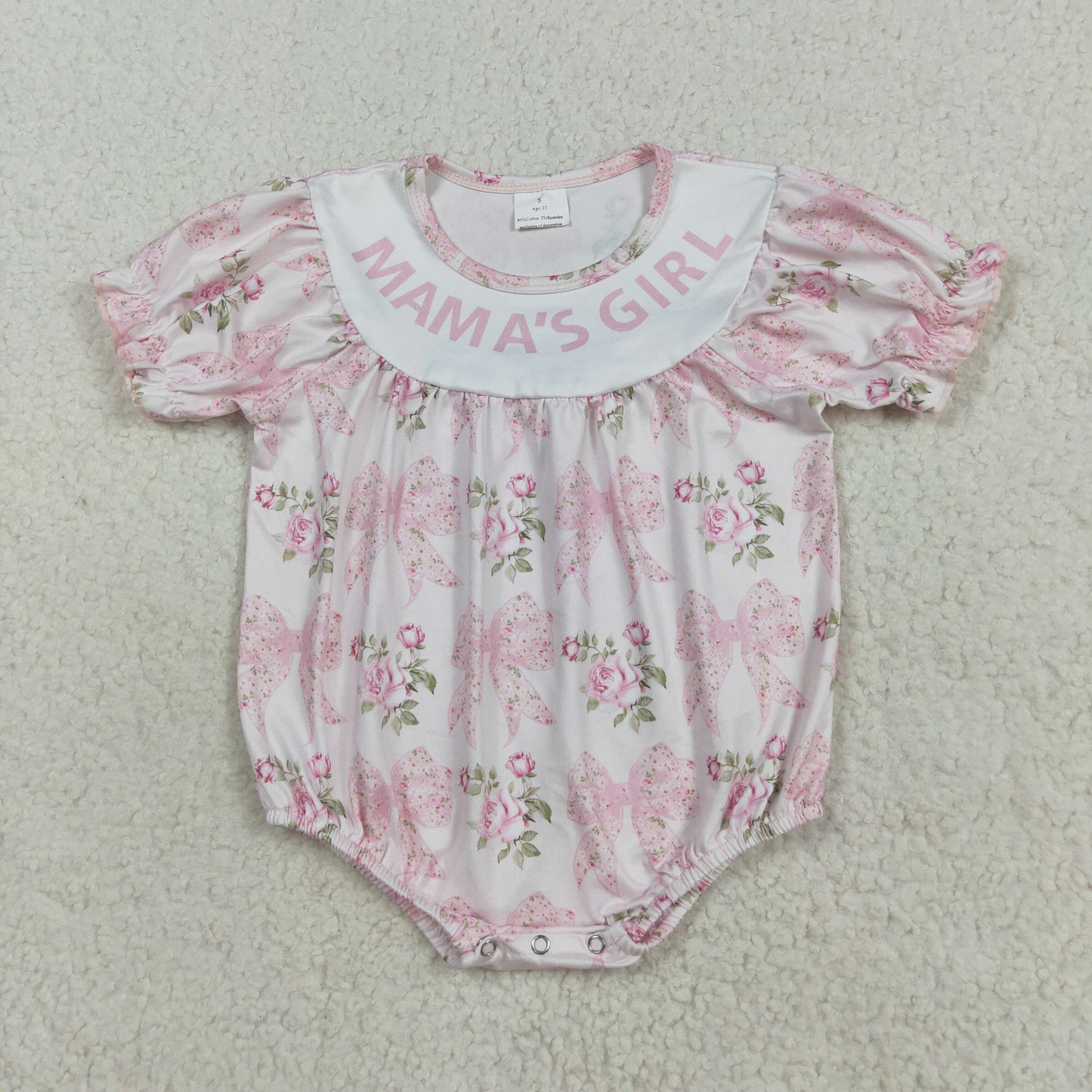 SR3087 Baby Girls Short Ruffle Sleeves Pink Bows Flowers Ruffle Romper C8.16
