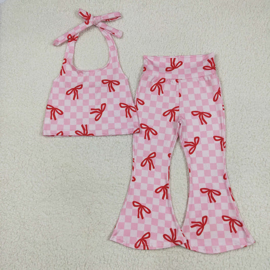 GSPO2030 Baby Girls Strap Pink Plaid Vest Top Bell Bottom Pant Set 6.4
