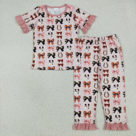 GSPO2035 Baby Girls Pink Short Ruffle Sleeves Bows Horse Shoes Top Pant Pajamas Set 6.9