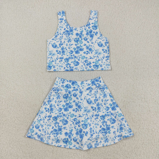 Baby Girls Blue Flowers Print Vest Top Shorts Skirts Yoga Activity Set 8.7