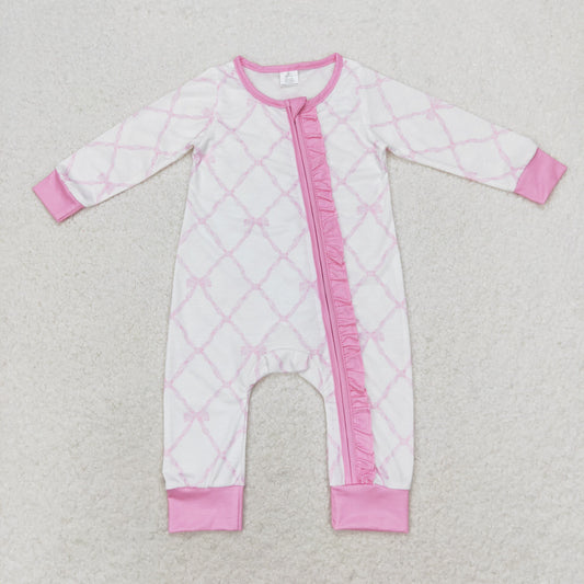 LR0921 Bamboo Bow pattern Pink lace zipper long sleeve onesie