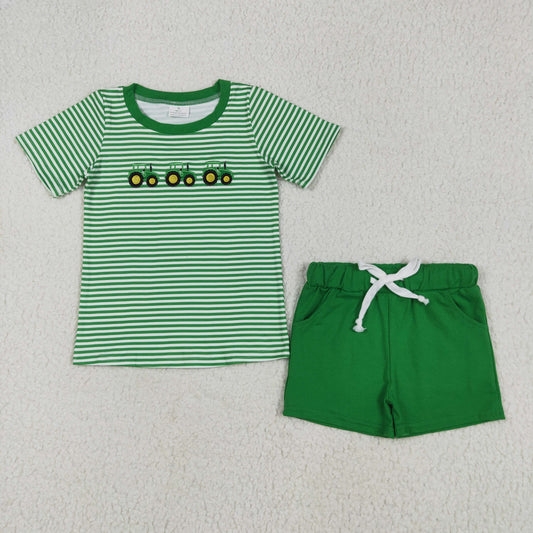 BSSO1374 Embroidery Baby Boys Green Farm Trucks Tops Pockets Shorts Clothes Set 6.11