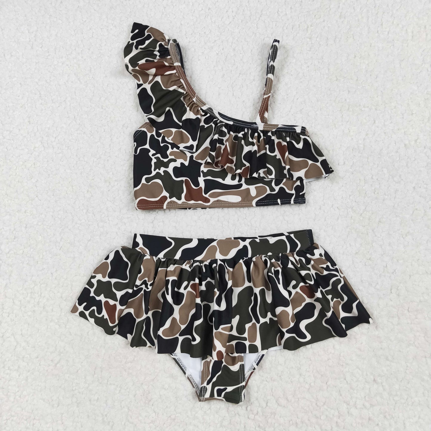 S0481 Baby Girls 2pcs Duck Browm Camo Ruffle Summer Swimsuit 5.5