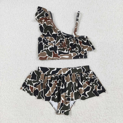 S0481 Baby Girls 2pcs Duck Browm Camo Ruffle Summer Swimsuit 5.5