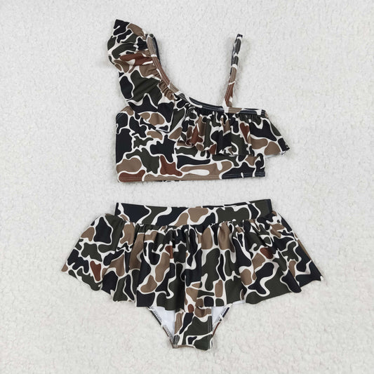 S0481 Baby Girls 2pcs Duck Browm Camo Ruffle Summer Swimsuit 5.5