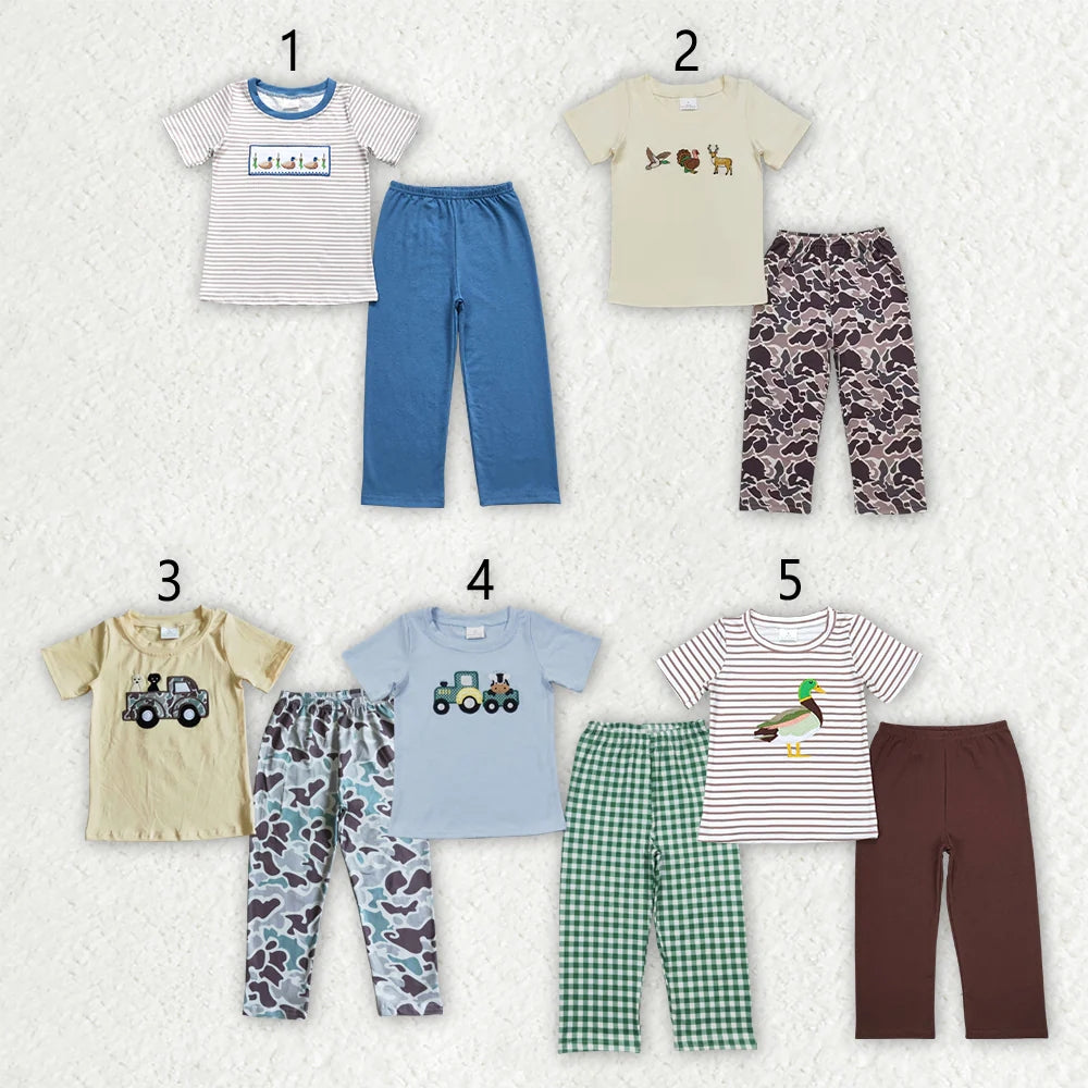 Sibling Baby Boys Embroidery Hunting Short Sleeve Shirt Pants Clothes Sets 4.26
