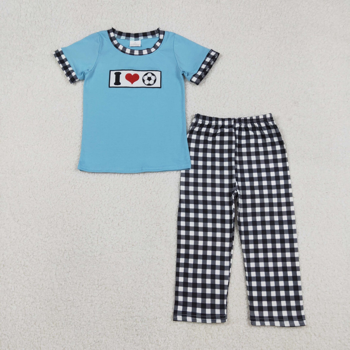 BSPO0622 Embroidery I Love Footballs Baby Boys Checked Pants Team Clothes Set C12.10