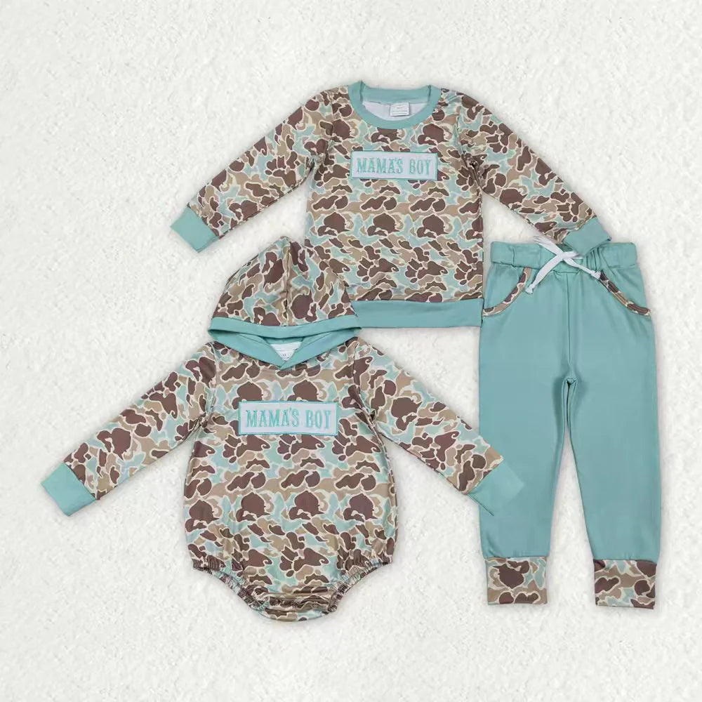 Sibling Baby Boys Embroidery Mama's Boy Green Camo Pockets Pants Clothes Sets Hoodie Romper C11.29