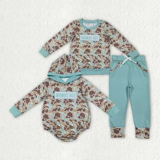 Sibling Baby Boys Embroidery Mama's Boy Green Camo Pockets Pants Clothes Sets Hoodie Romper C11.29