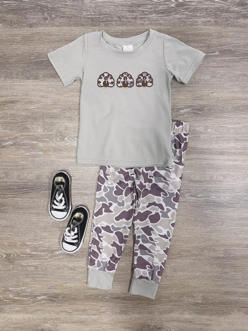 BSPO0482 Baby Boys Thanksgiving Embroidery Turkey Top Camo Pants Clothes Set