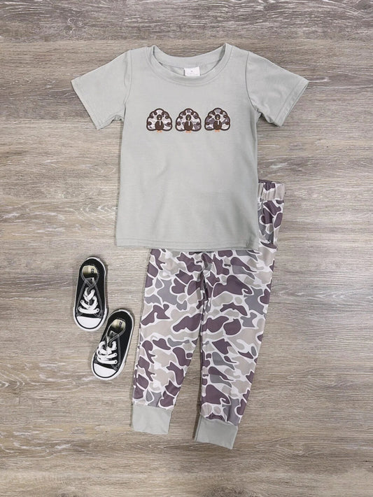 BSPO0482 Baby Boys Thanksgiving Embroidery Turkey Top Camo Pants Clothes Set