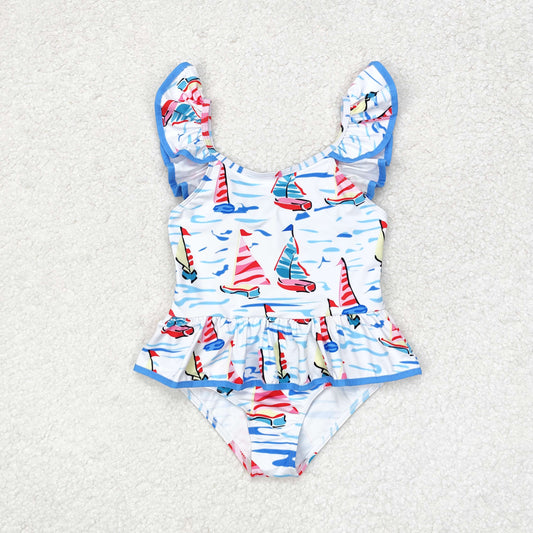 S0277 Sailing blue bow white one-piece swimsuit