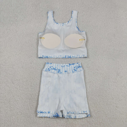 GSD3067 Baby Girls Blue Castles Bows Top Skirt Shorts Yoga Active Clothes Set C12.13