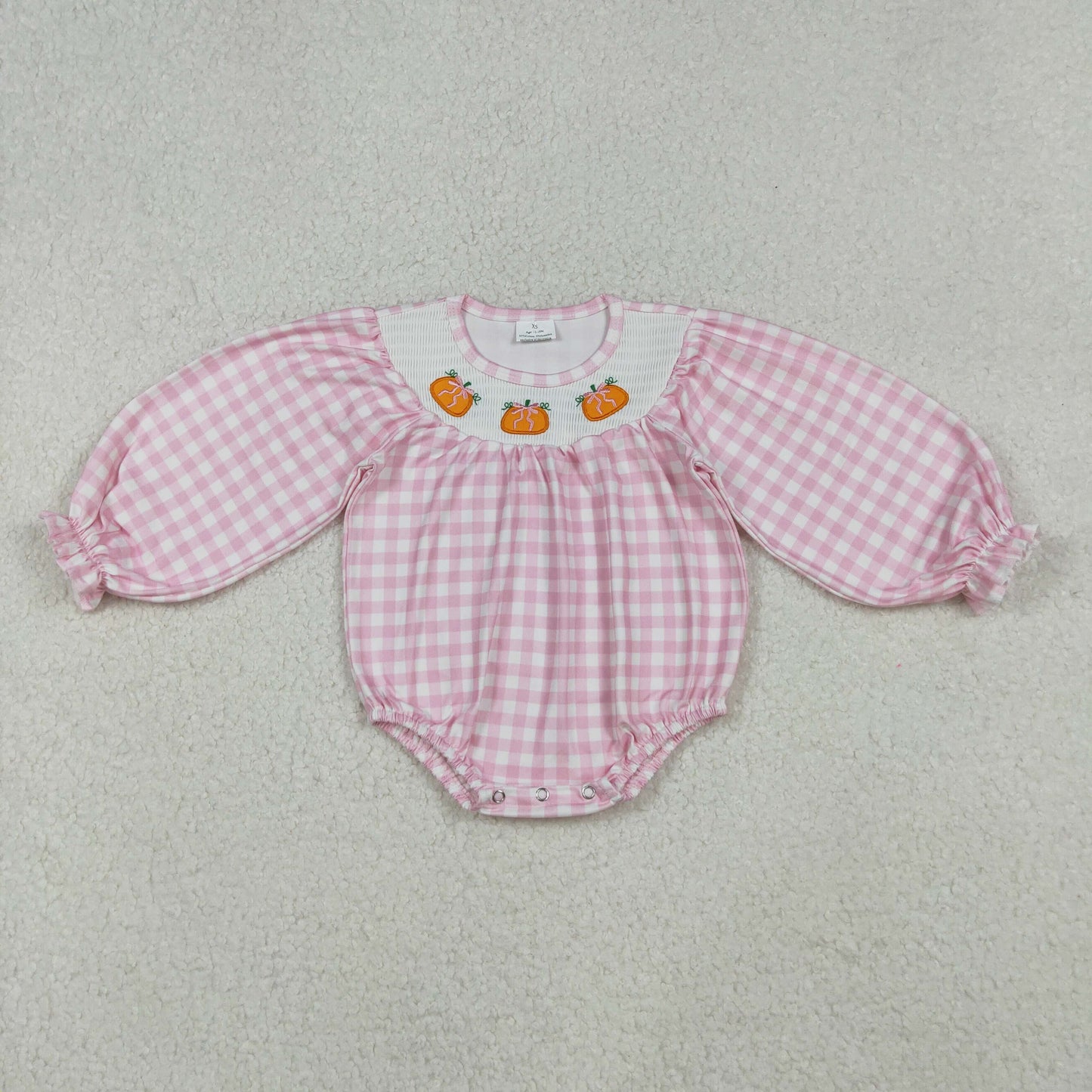 LR2181 Baby Infant Girls Pink Plaid Long Ruffle Sleeves Pumpkins Smocked Romper C10.8