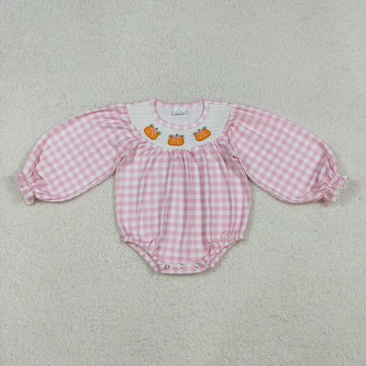 LR2181 Baby Infant Girls Pink Plaid Long Ruffle Sleeves Pumpkins Smocked Romper C10.8