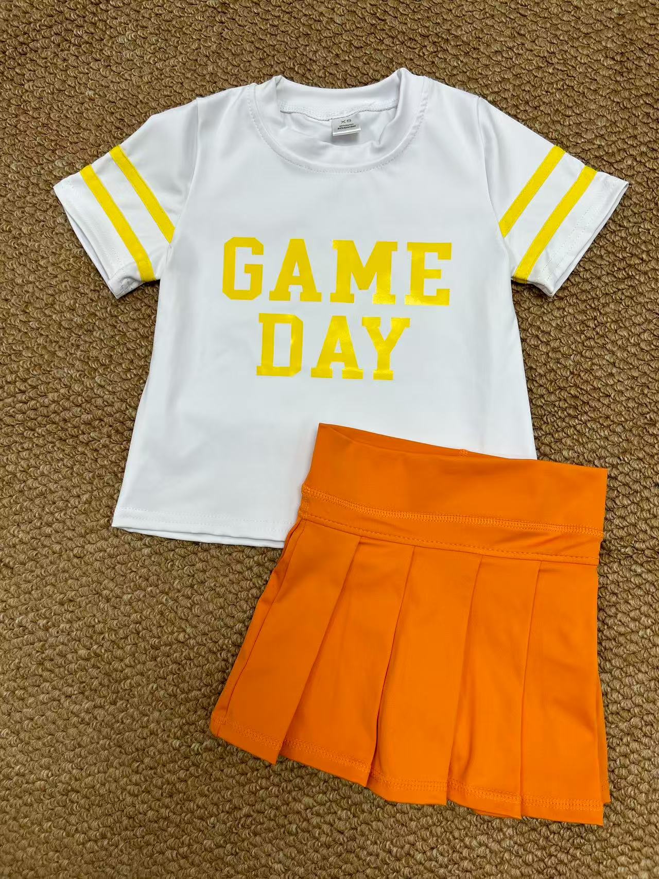 GT1115+GLK0109 Baby Girls Vinyl Yellow Game Day Top Orange Pleated Skorts Yoga Active Team Set C8.23