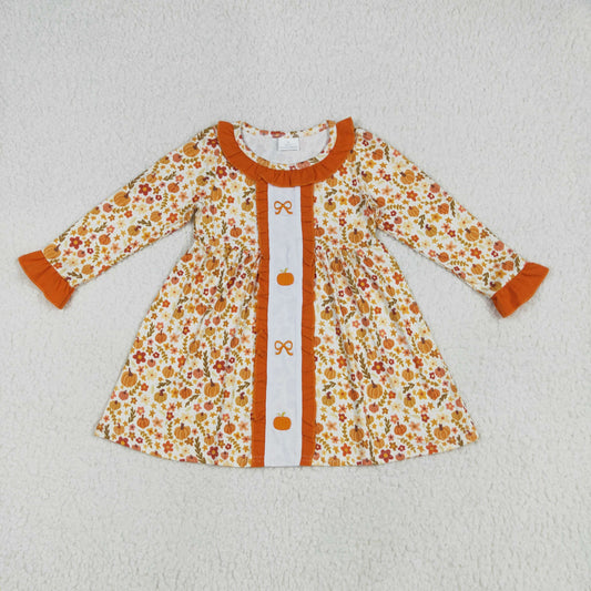 GLD1058 Baby Girls Long Ruffle Sleeves Bows Pumpkins Flowers Knee Length Dress 6.25