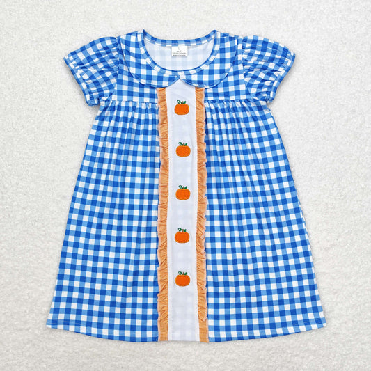 GSD1412 Embroidered pumpkin blue plaid doll collar short-sleeved dress