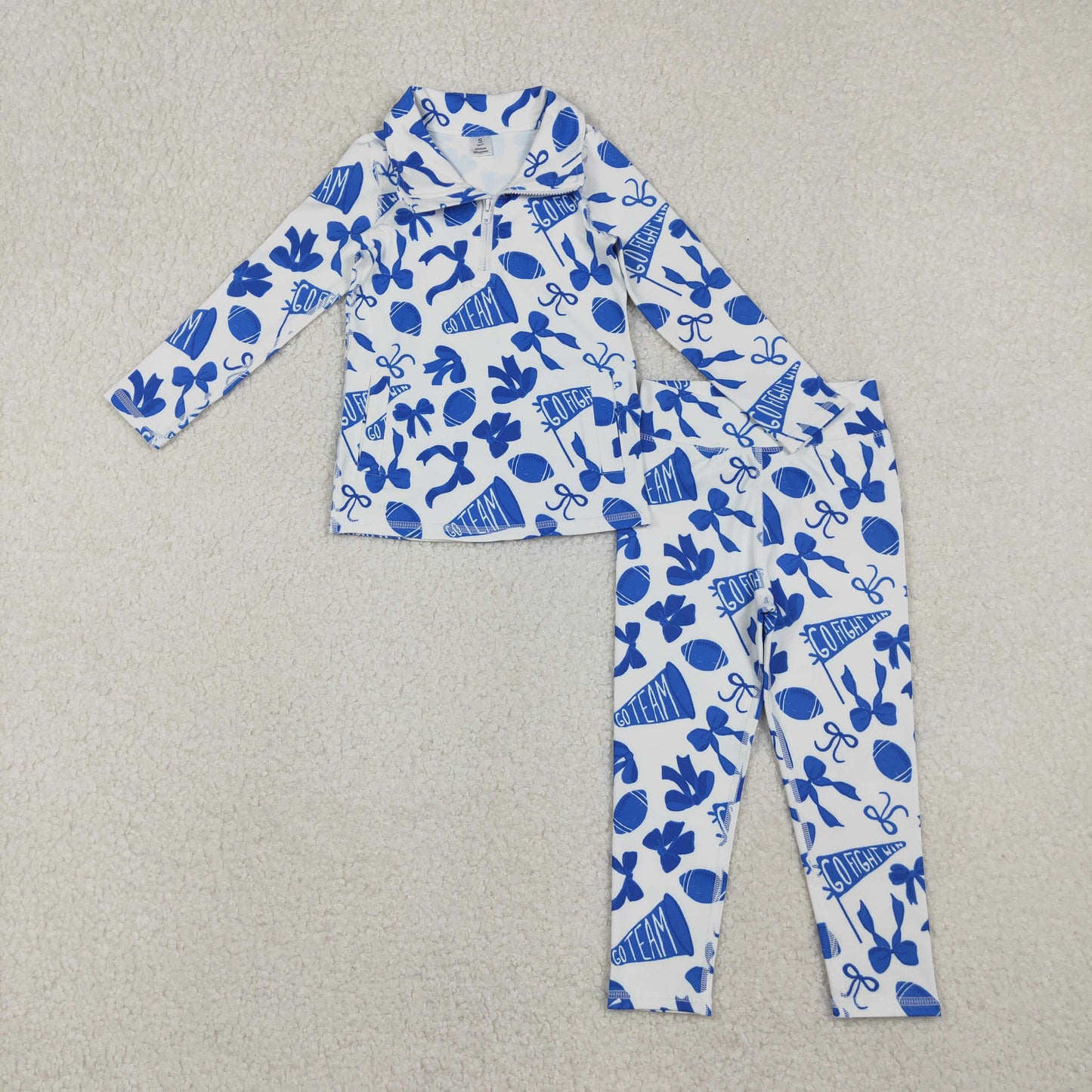 GLP2761 Baby Girls Blue Bows Footballs Go Teams Pockets Zip Pullovers Leggings Team Yoga Set C10.25