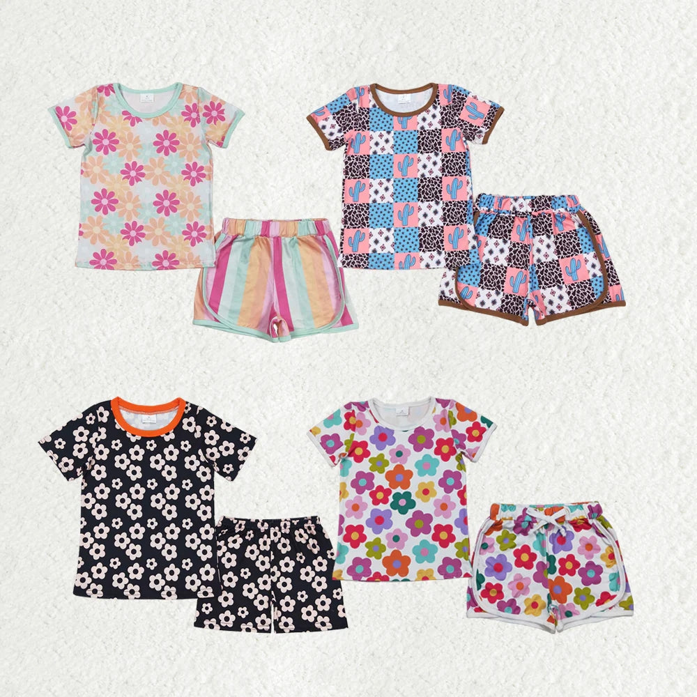 Sibling Baby Girls Flowers Plaid Tee Shirts Shorts Summer Clothes Sets 5.14