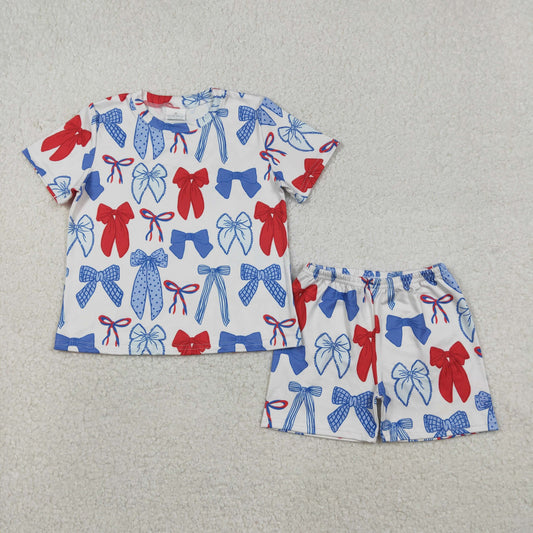 GSSO2772 Baby Girls Blue Red Bows Top Shorts 4th of July Pajamas Clothes Set C12.9