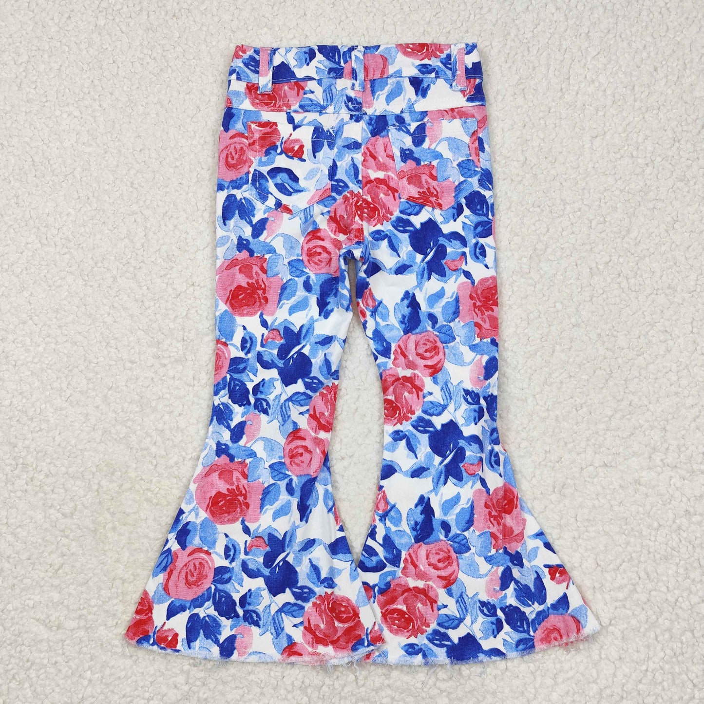 P0466 Pink flowers blue leaves White denim pants