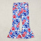 P0466 Pink flowers blue leaves White denim pants