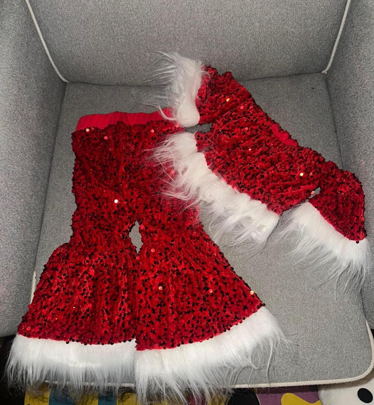 C7-23 Baby Girls red Christmas sequin fur pants set