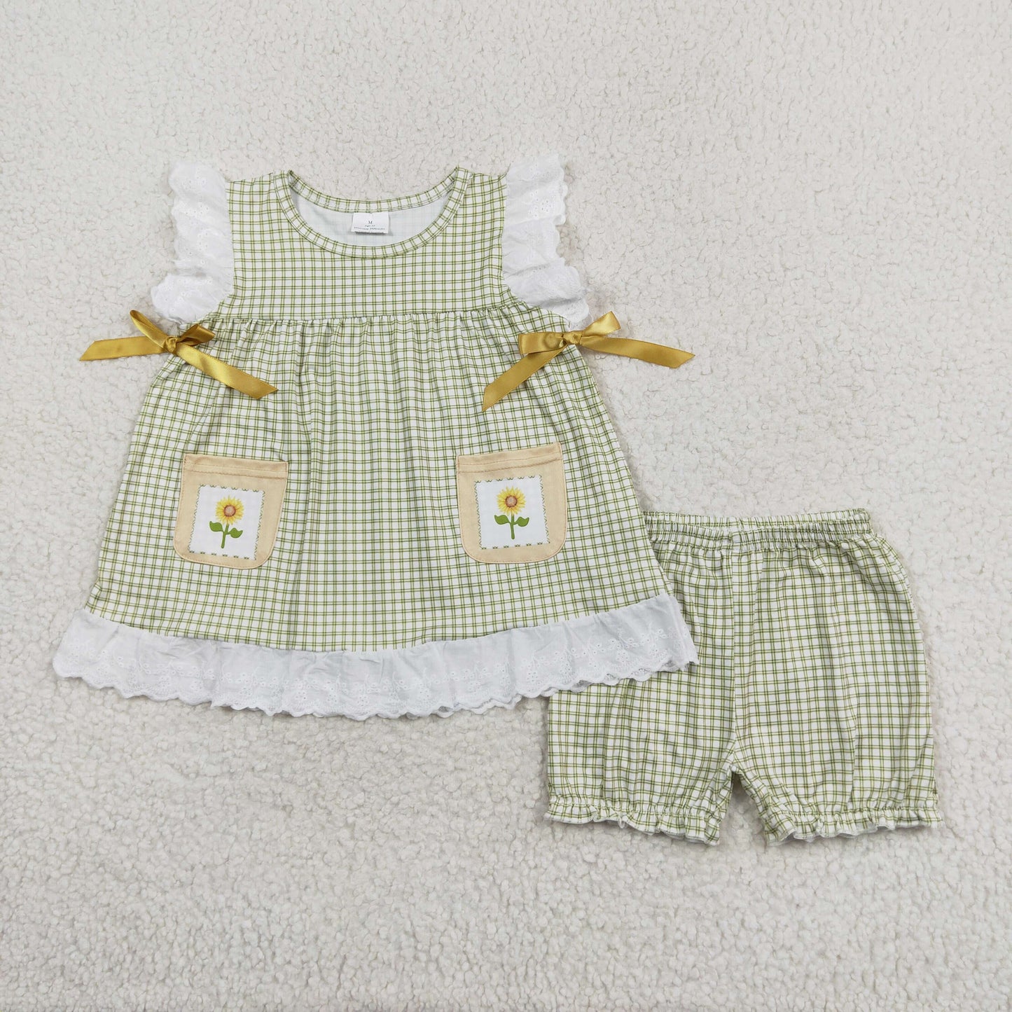 GSSO1196 Sunflower Flower pocket Lace lace plaid sleeveless shorts set