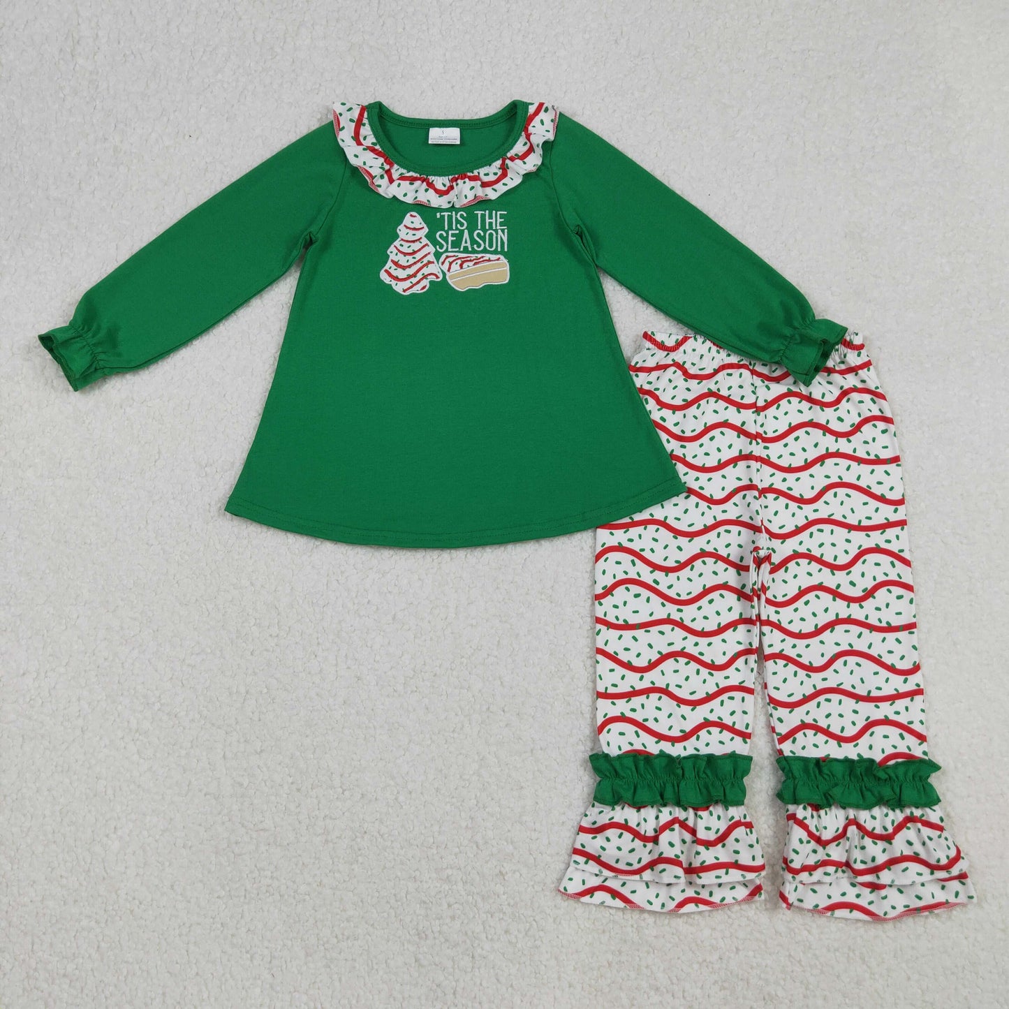 GLP2518 Baby Girls Green Long Ruffle Sleeves Red Stripe Trees Tunic Pant Set C9.26