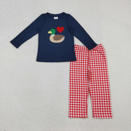 BLP1304 Embroidery Baby Boys Hearts Ducks Top Checked Pants Valentine Clothes Set C10.27