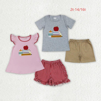 Sibling Embroidery Baby Girls Boys Apple Back To School Books Outfits 6.25