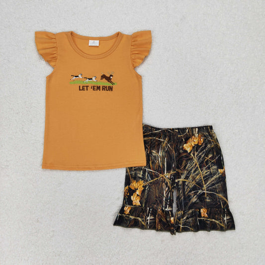 GSSO1263 Embroidered puppy Elk Light brown flying sleeve twig leaf camo shorts set