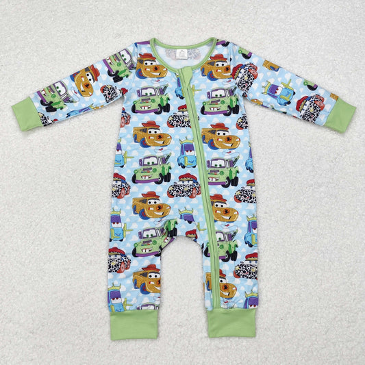 LR1622 Baby Infant Boys Green Cars Bamboo Zip Romper