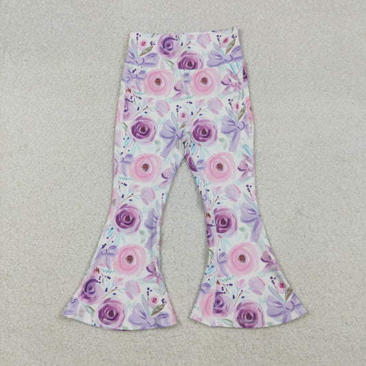 P0774 Baby Girls Purple Flower Bows Bell Bottom Yoga Pants C9.22