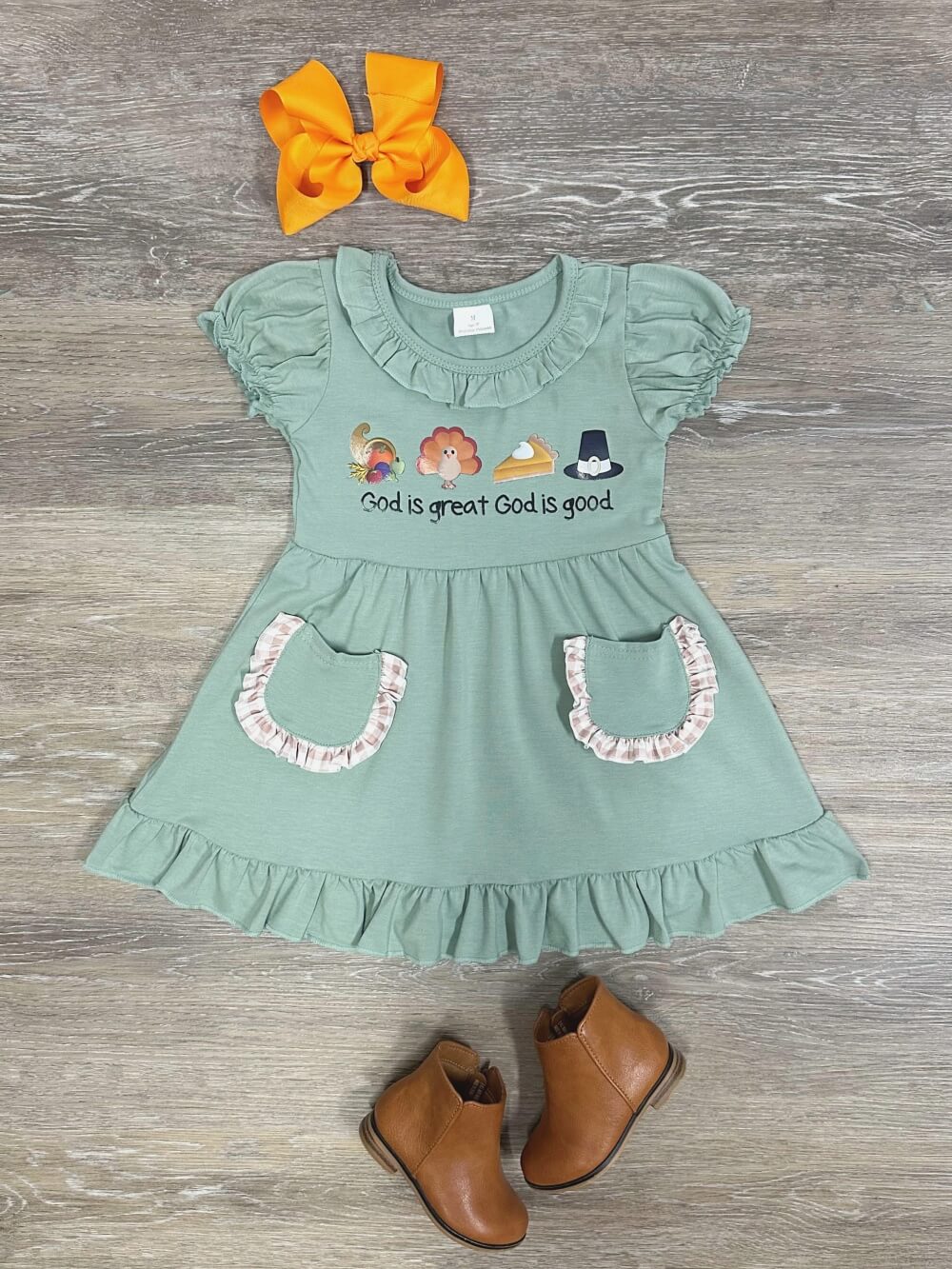 GSD0481 Baby Girls Green Thanksgiving Fall Turkey Knee Length Pockets Dress