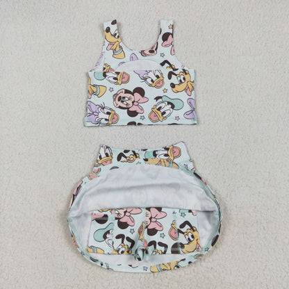 GSD2353 Baby Girls Sleeveless Cartoon Mouse Ducks Top Skort Yoga Set 4.29