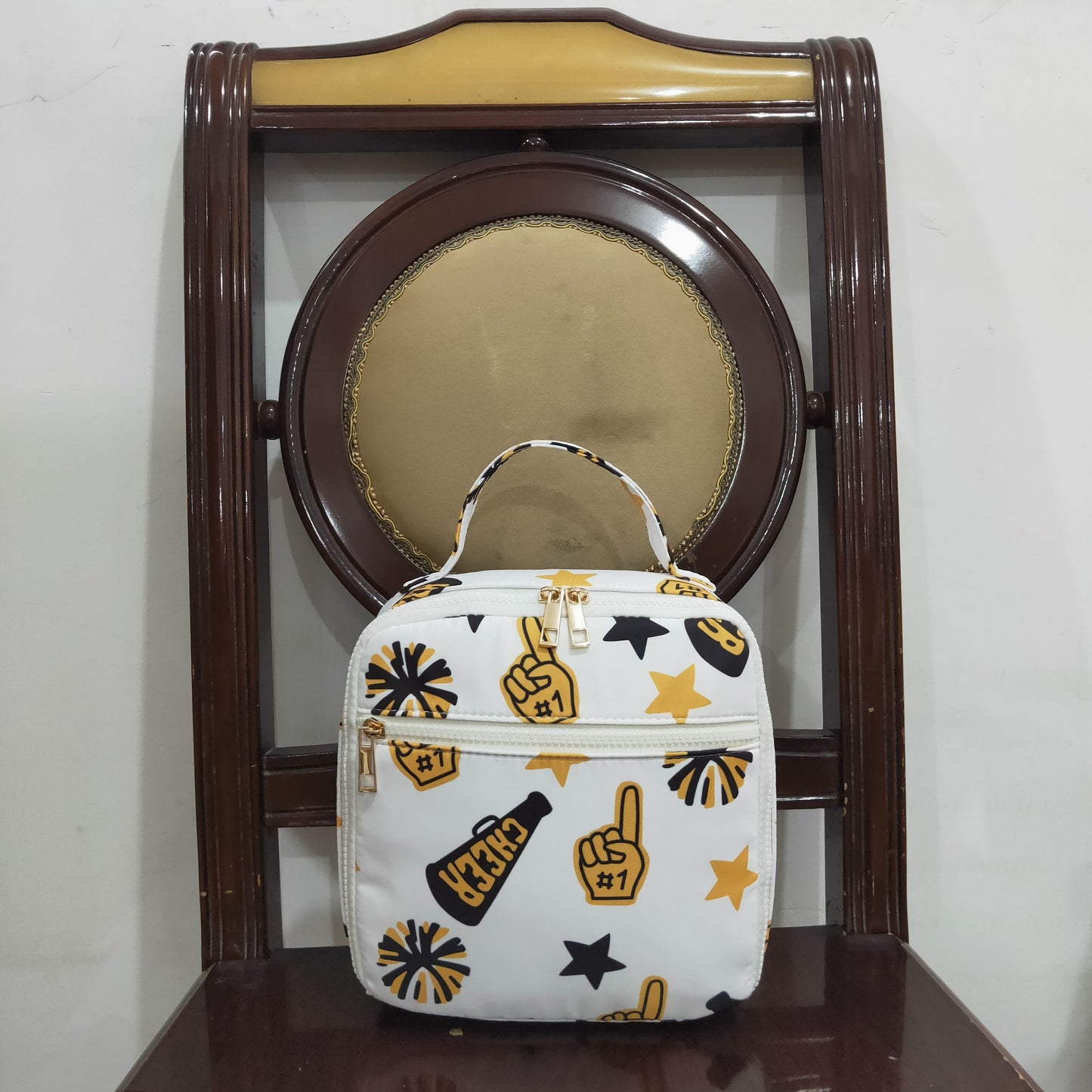 BA0362 Baby Kids Team Black Gold Cheer Fireworks Zipper School Lunch Boxes C10.20