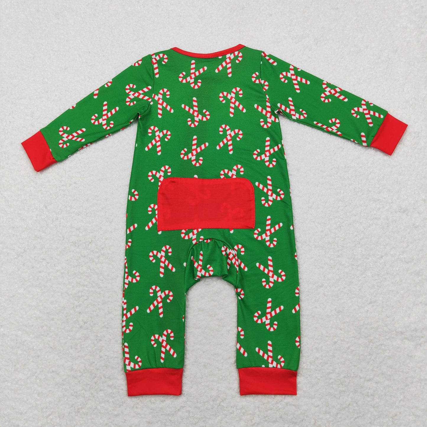 LR1237 Bamboo Santa Cane Red border green zipper long sleeve onesie